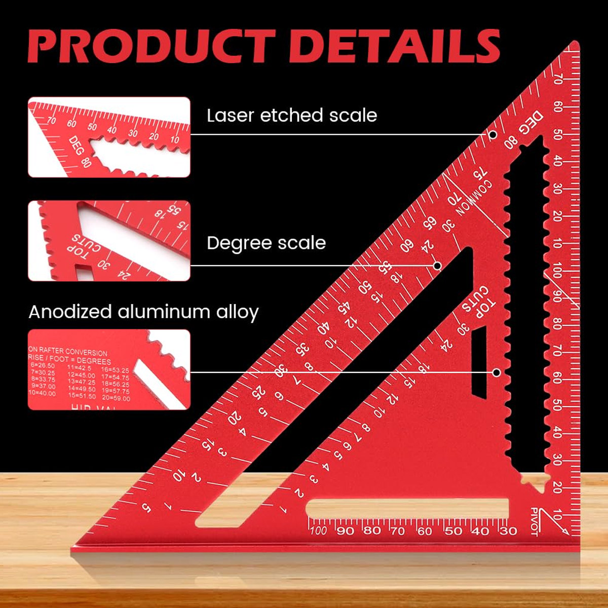 Woodworking Ruler - アルミ合金スピードスクエア高精度メートル三角定規木工角度測定ツール