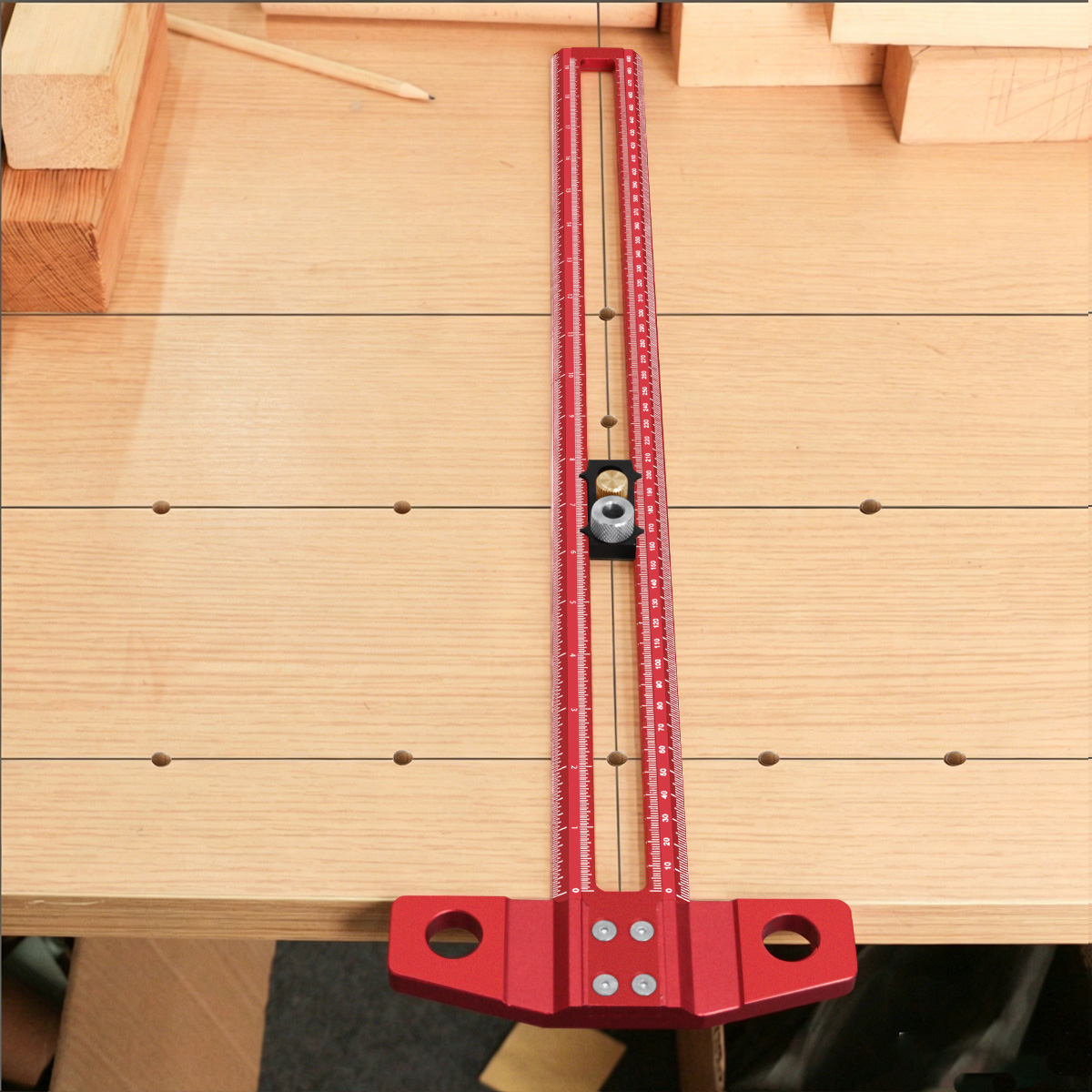 Woodworking Ruler - 木工用T型定規マーキングゲージ、調整可能なストップと鉛筆ガイド付きレイアウトスクライバールーラー、デュアルスケール（メートル法/インチ）
