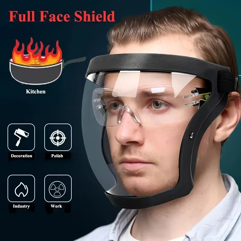 Woodworking Face Shield - 再利用可能で耐熱性のあるフェイスシールド、ワークアウト時の安全対策用、フルフェイス透明保護マスク、調節可能なバックル付き