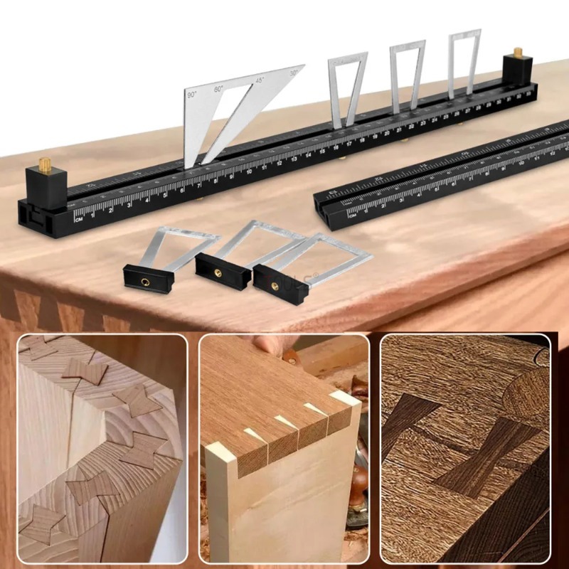 Woodworking Kumiko - 28個入りダブテールマーキングゲージセット 木工ダブテールジグテンプレート 精密スクライビングツール 1:5 1:8 マルチ比率テノンレイアウトルーラー