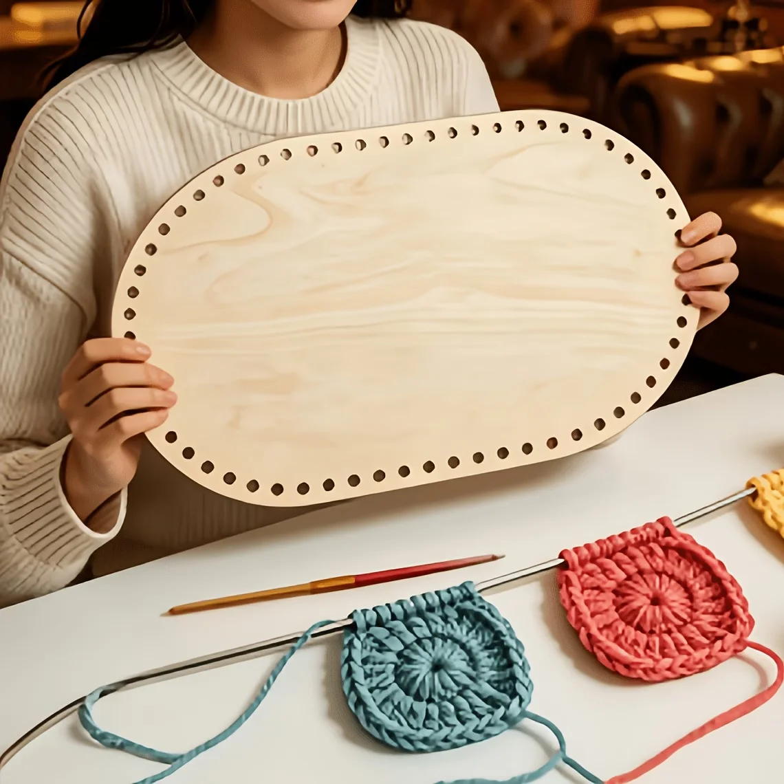 Woodworking Boards - 穴あき木製オーバルベース。 厚みのある丈夫な天然丸太板で作られ、あらかじめ穴が開いており、かぎ針編みに最適です。