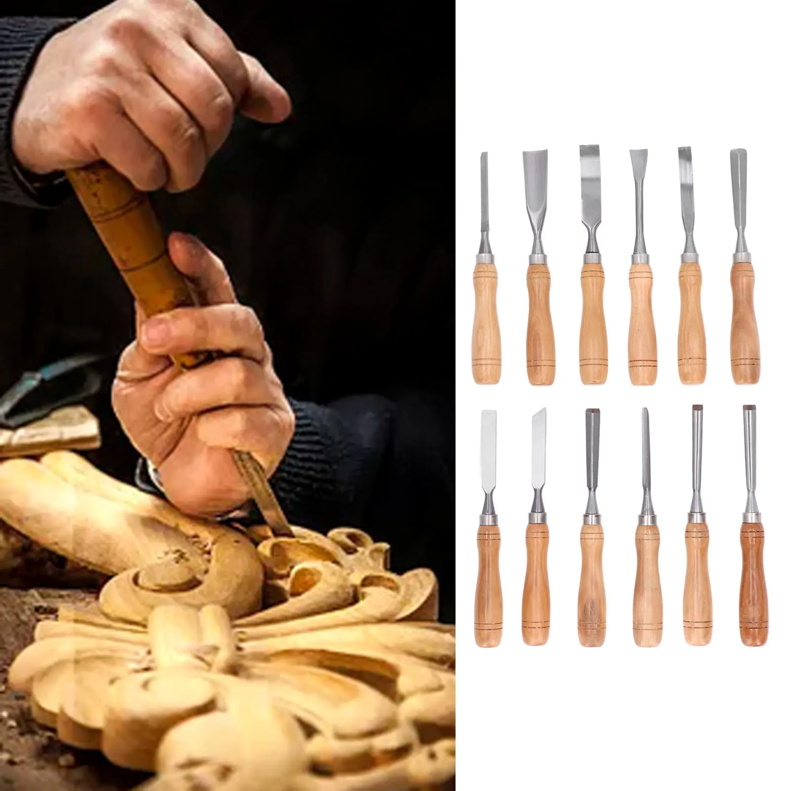 12個/セット木彫り工具、CRVブレード木製ハンドル彫刻刀セ - Wood Chisel Set のレビューと価格